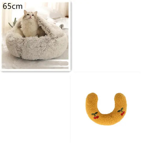 2 In 1 Dog And Cat Bed Pet Winter Bed Round Plush Warm Bed Brown 65cm SetA