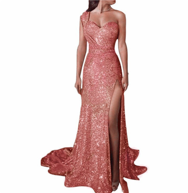 Women's Clothing One-shoulder Sleeveless Bronzing Split Dress Pink