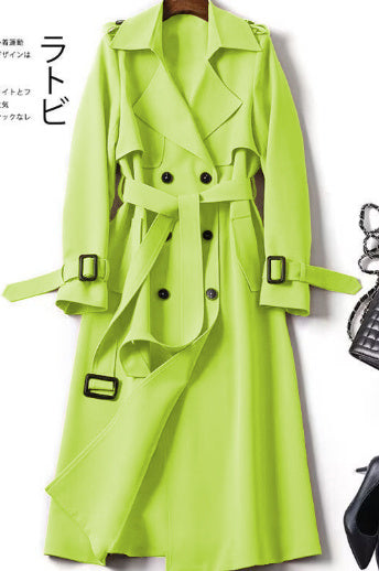 Double-breasted Mid-length Tie Trench Coat Candy green 3XL