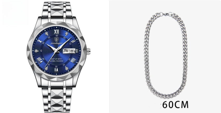 Men's Waterproof Double Calendar Luminous Quartz Watch 6style With Necklace