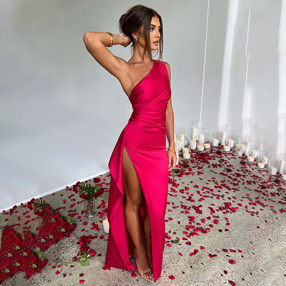 Sexy One-shoulder Backless Slit Dress Summer Elegant Dresses For Women Red