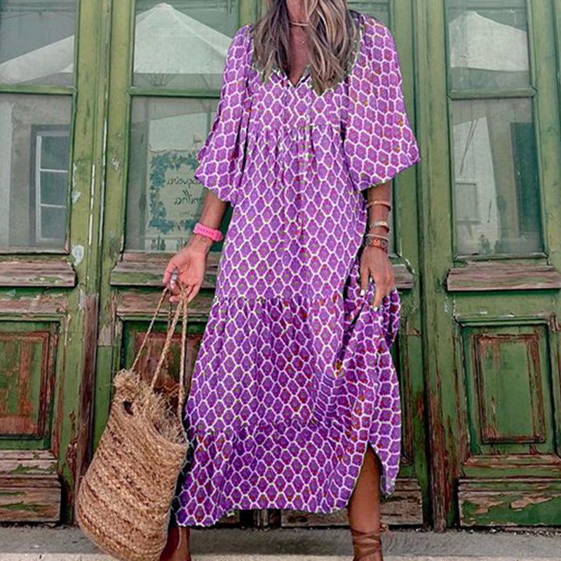 Summer Women's Vintage Printed Bohemian Dress Elegant Ladies Casual Loose V-Neck Short Sleeve Long Dresses Purple
