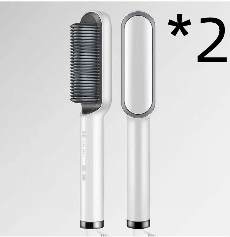 New 2 In 1 Hair Straightener Hot Comb Negative Ion Curling Electric Hair Brush 2pcs White US Opp pack