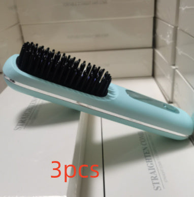 Straight Hair Comb Wireless Hair Straightener Brush Hair Fast Heating Portable Hot Curler USB Charging LCD unpredictable blue 3pcs