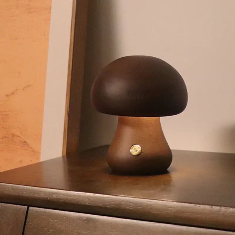 INS Wooden Cute Mushroom LED Night Light With Touch Switch C Walnut color 2.4W