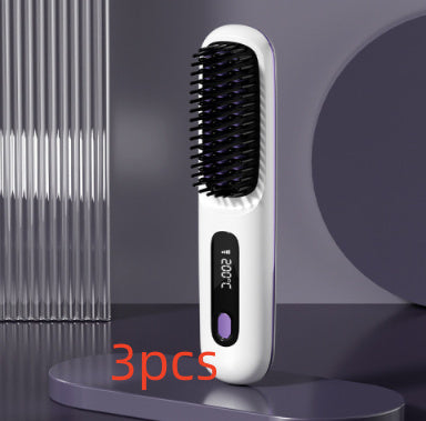 Straight Hair Comb Wireless Hair Straightener Brush Hair Fast Heating Portable Hot Curler USB Charging LCD White English 3pcs