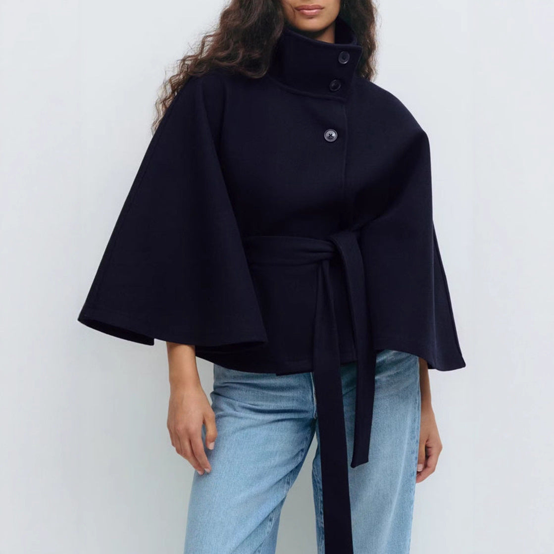 Winter High Neck Batwing Sleeve Coat With Belt Fashion Loose Elegant Button Coat For Women Clothing