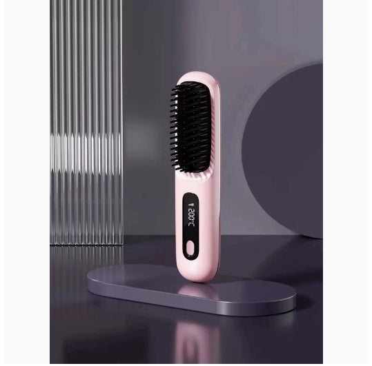 Straight Hair Comb Wireless Hair Straightener Brush Hair Fast Heating Portable Hot Curler USB Charging Pink