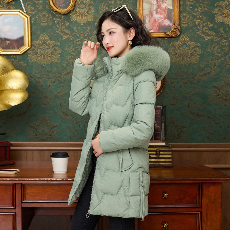Down Cotton-padded Coat For Women Mid-length Bean Green