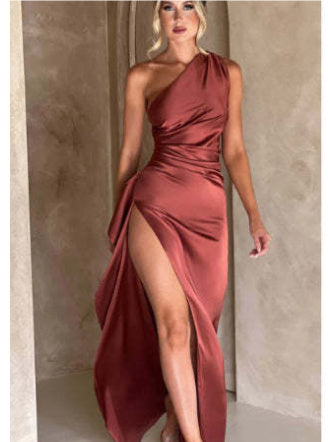 Sexy One-shoulder Backless Slit Dress Summer Elegant Dresses For Women Light Brown