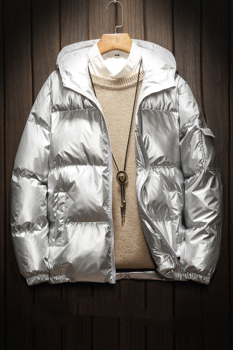 shiny solid color plus size hooded cotton coat Silver