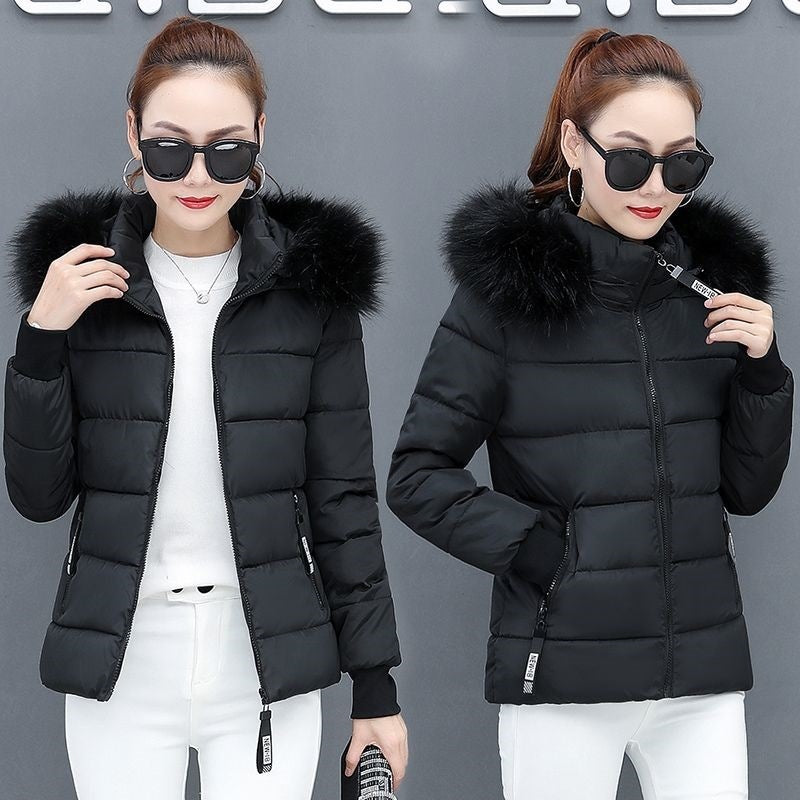 Thicken Big Fur Collar Plus Size Fat Sister Cotton-padded Coat Black