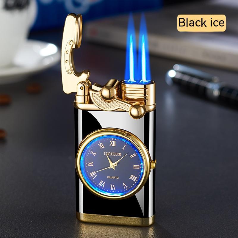 New Lighter With Electric Watch Rocker Arm Automatic Ignition Straight Blue Flame Lighter Black ice Double flame