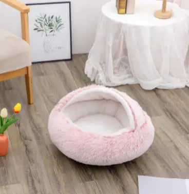 2 In 1 Dog And Cat Bed Pet Winter Bed Round Plush Warm Bed Pink60cm
