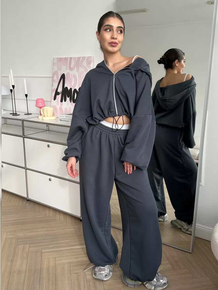 Women's Casual Solid Color Long Sleeve Zipper Sweatshirt Sweatpants Two-piece Set Dark Gray