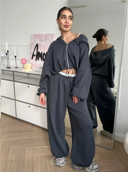 Women's Casual Solid Color Long Sleeve Zipper Sweatshirt Sweatpants Two-piece Set Dark Gray