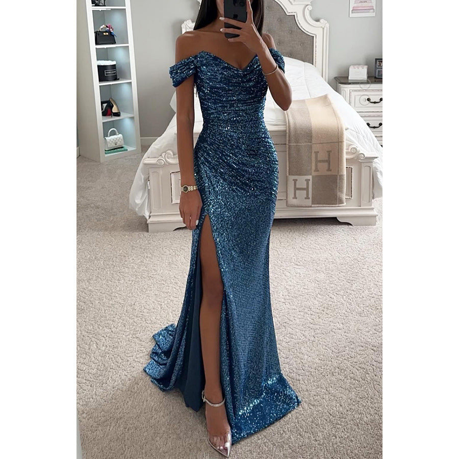 Party Sequins Off-neck Split Dress INS Casual Fashion Dress Women Peacock Blue