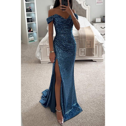 Party Sequins Off-neck Split Dress INS Casual Fashion Dress Women Peacock Blue