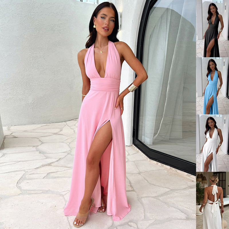 Sexy Halterneck V-neck Slit Dress Summer Clothing Women