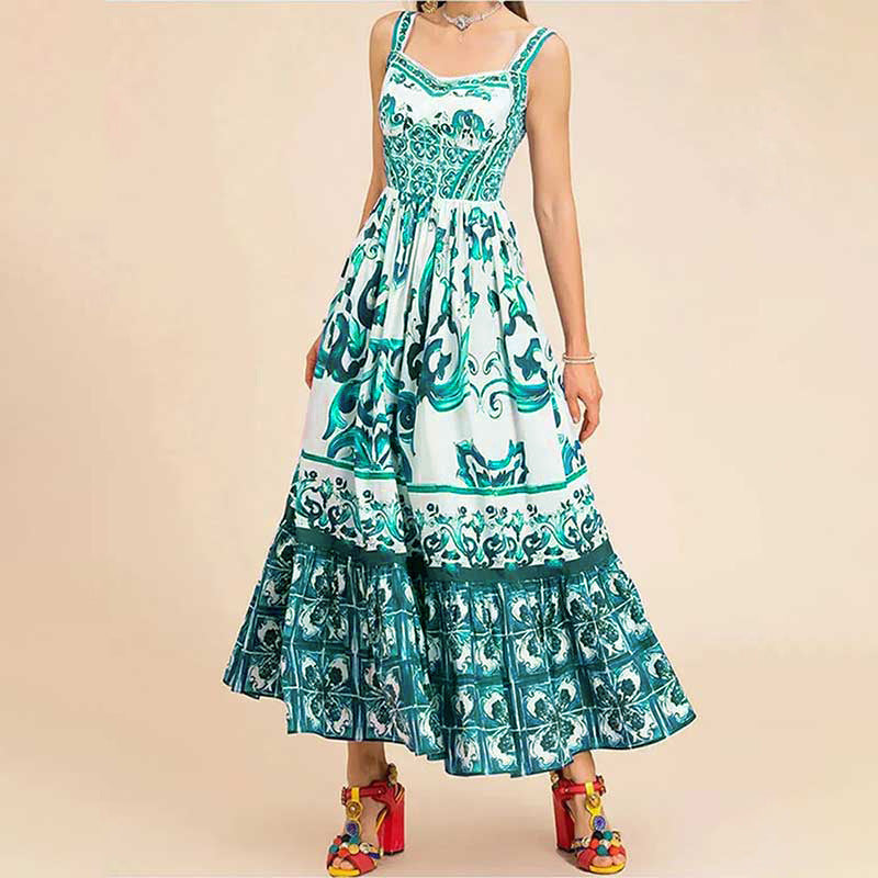 Printed Sleeveless Dress For Women Green