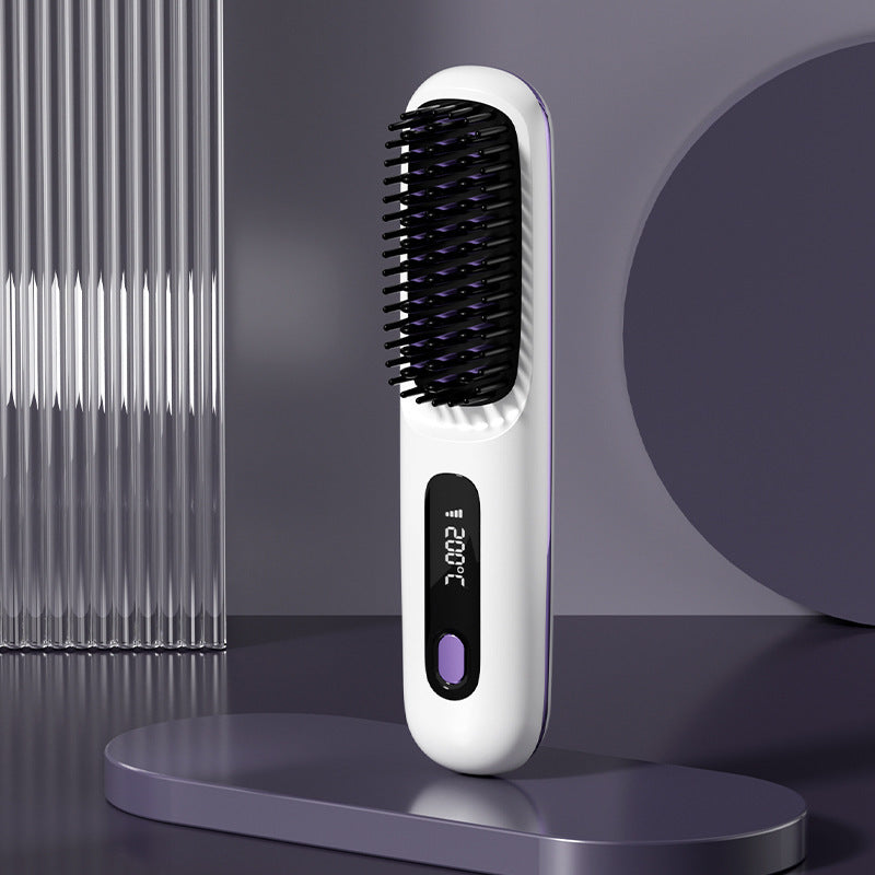 Straight Hair Comb Wireless Hair Straightener Brush Hair Fast Heating Portable Hot Curler USB Charging LCD White English