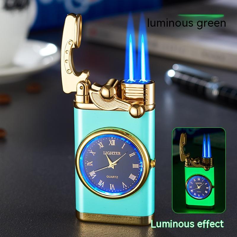 New Lighter With Electric Watch Rocker Arm Automatic Ignition Straight Blue Flame Lighter Nocturnal blue Double flame