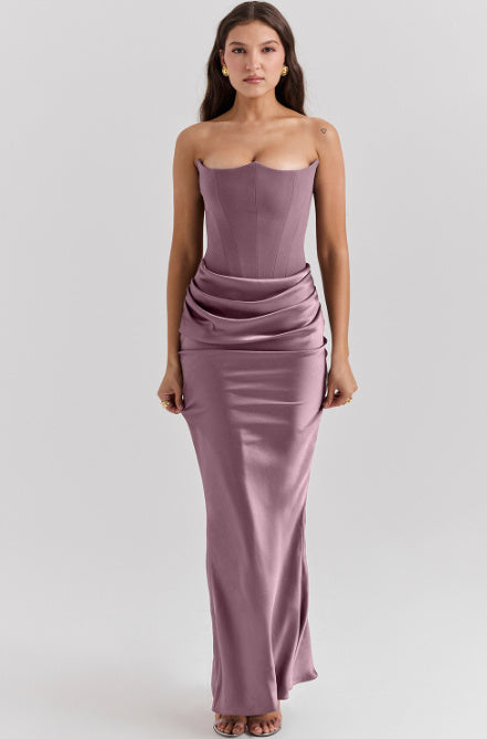 Slim Tube Top Long Dress Sexy Fashion Bandeau Backless Party Evening Dresses Purple
