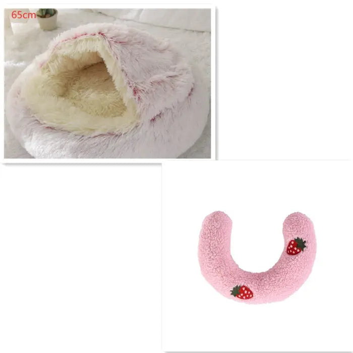 2 In 1 Dog And Cat Bed Pet Winter Bed Round Plush Warm Bed Hair Pink 65cm SetC