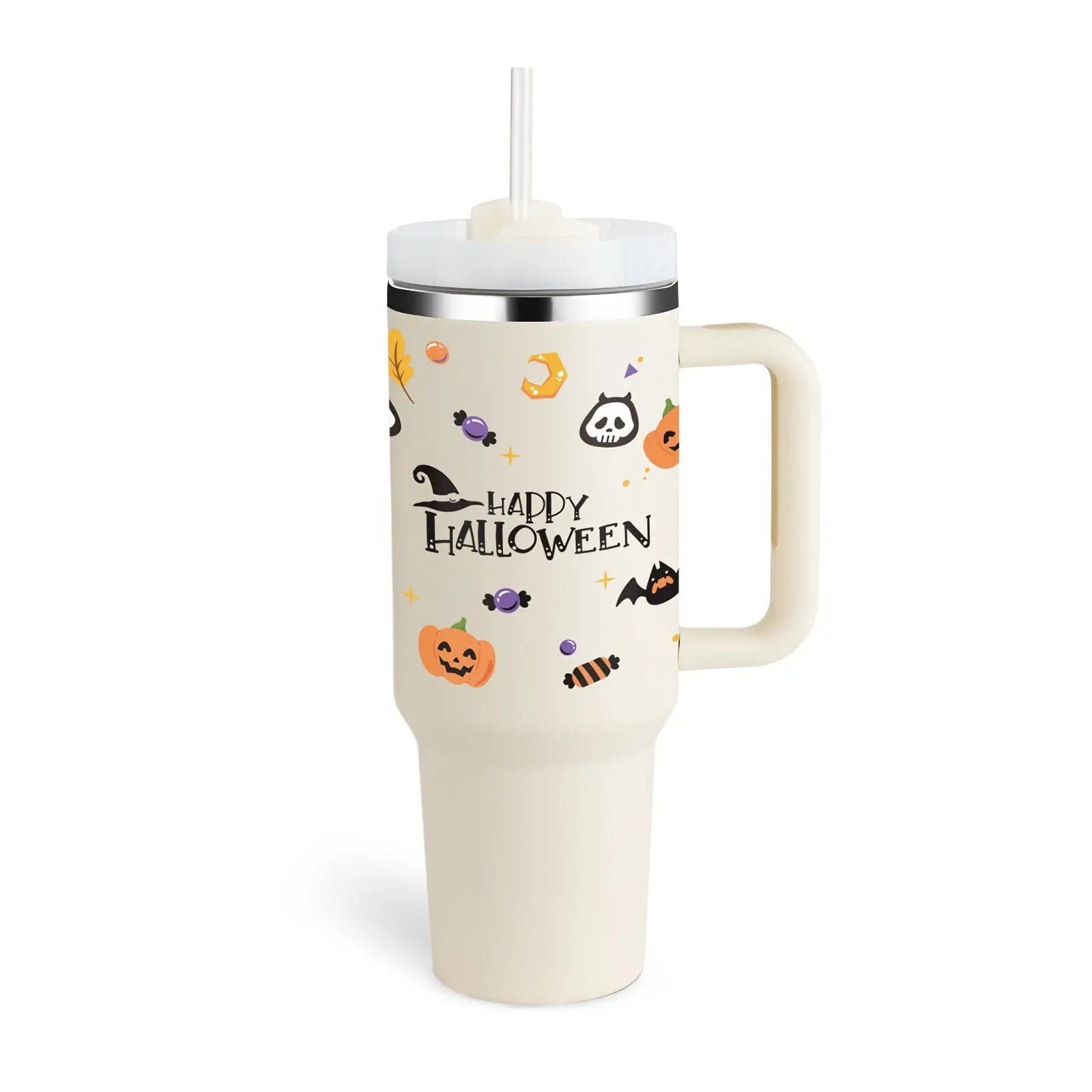 40 Oz Tumbler With Handle Straw Insulated Halloween Cream white 1200ML