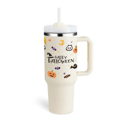 40 Oz Tumbler With Handle Straw Insulated Halloween Cream white 1200ML