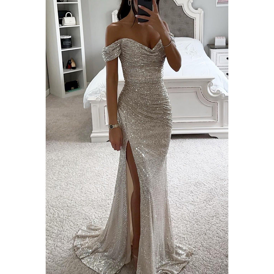 Party Sequins Off-neck Split Dress INS Casual Fashion Dress Women Silver