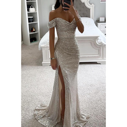 Party Sequins Off-neck Split Dress INS Casual Fashion Dress Women Silver