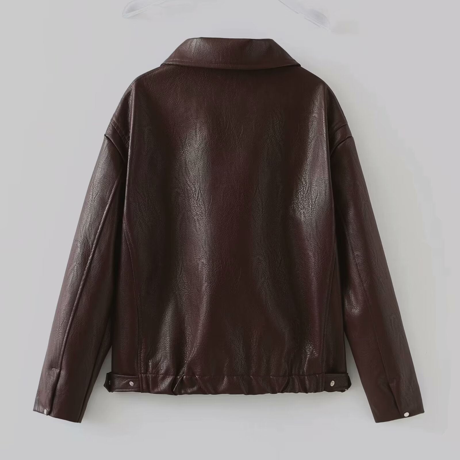 Solid Color Lapel Zipper Jacket Fashion Leather Coat Tops Women Clothing