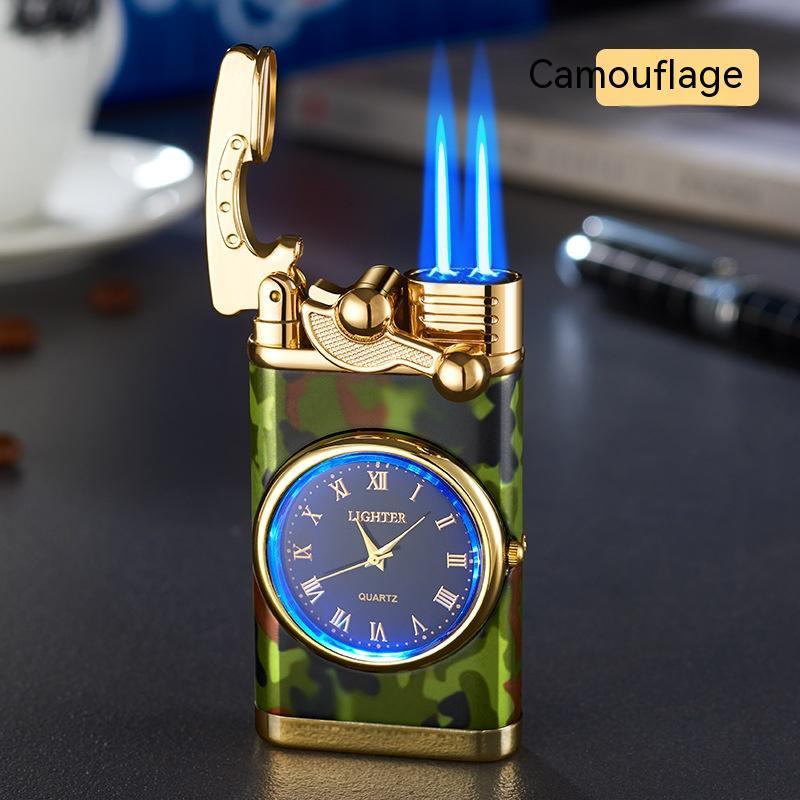 New Lighter With Electric Watch Rocker Arm Automatic Ignition Straight Blue Flame Lighter Camouflage Double flame