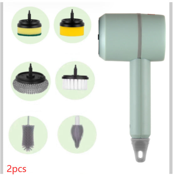 Electric Cleaning Brush Multifunctional Scouring Pad Green With six brush heads 2PCS