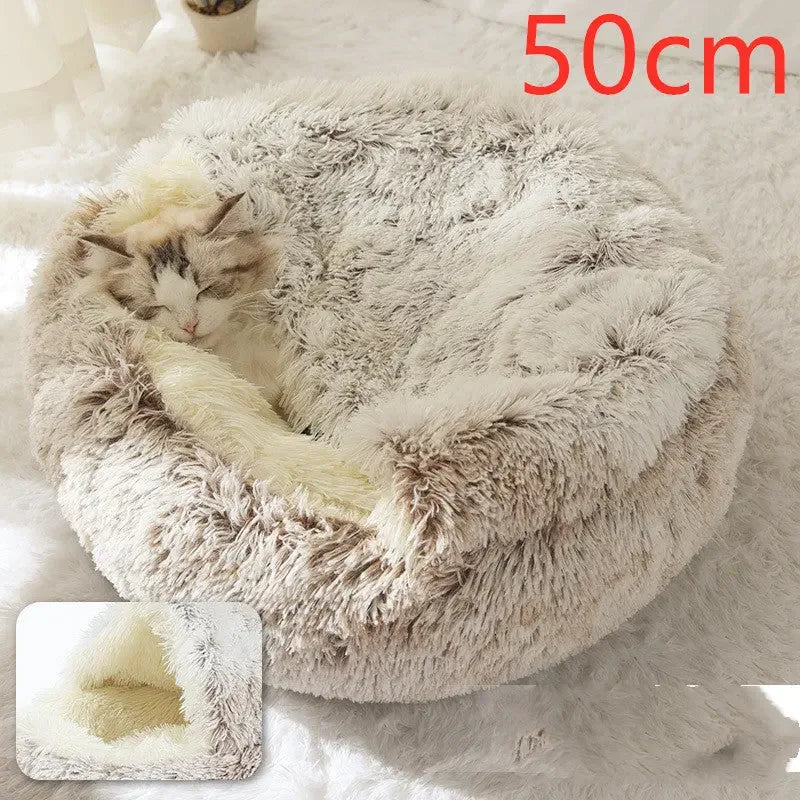 2 In 1 Dog And Cat Bed Pet Winter Bed Round Plush Warm Bed Hair Brown50cm