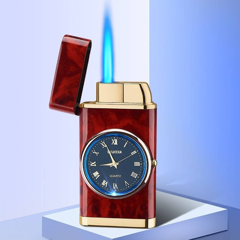 New Lighter With Electric Watch Rocker Arm Automatic Ignition Straight Blue Flame Lighter A mahogany grain Single flame