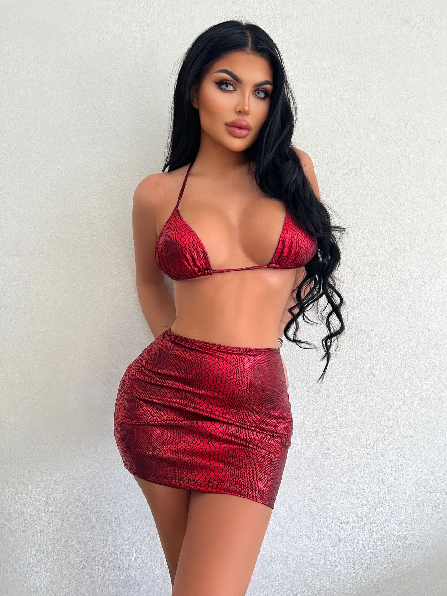 Women's 3 Piece Bathing Suits Halter Snake Pattern Bikini Set Red