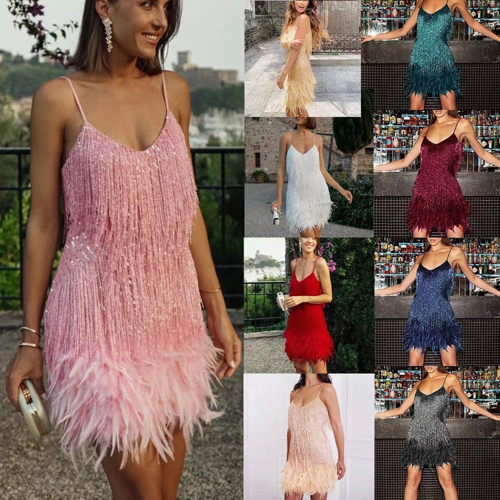 Sexy Tassel Sequins Feather Summer Mini Dress Women Elegant Evening Party Club Dress