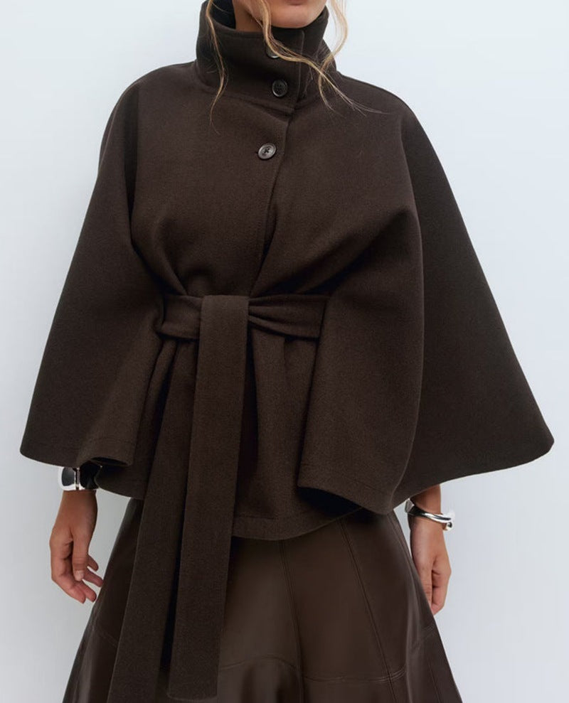 Winter High Neck Batwing Sleeve Coat With Belt Fashion Loose Elegant Button Coat For Women Clothing Brown