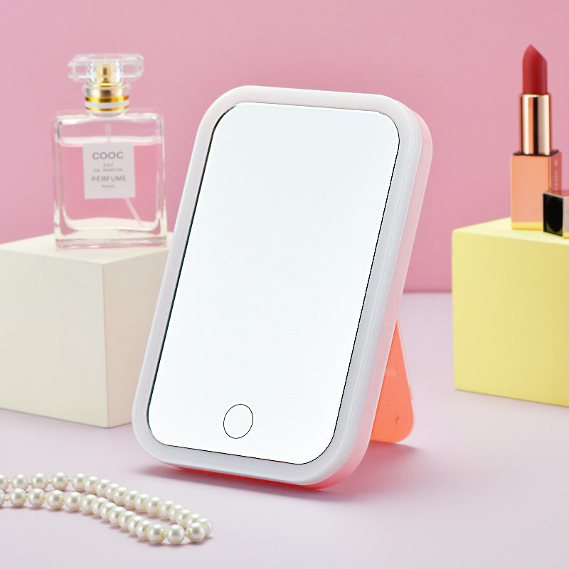 Square LED Makeup Mirror With Light Smart Touch Portable Pink USB