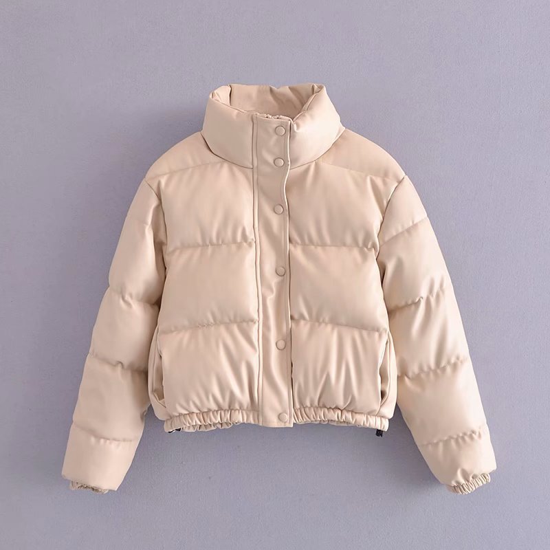 Winter Thick Warm Short Parkas Women Fashion Black PU Elegant Beige