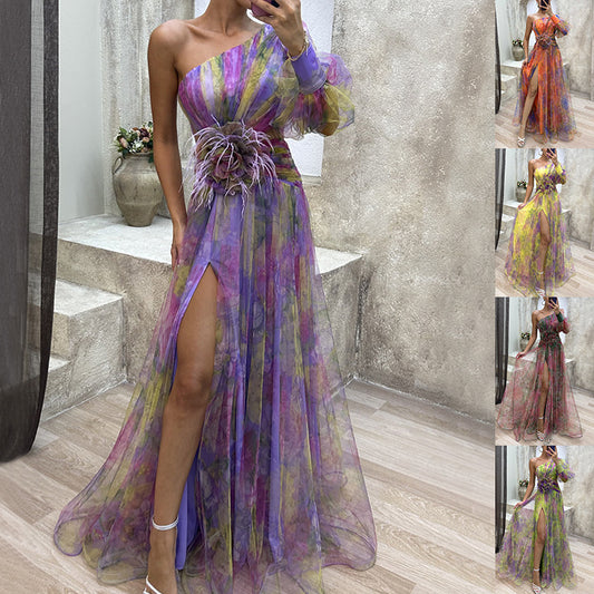 Mesh Tie-dye Printed Off-shoulder Slit Dress Summer Party Womens Clothing