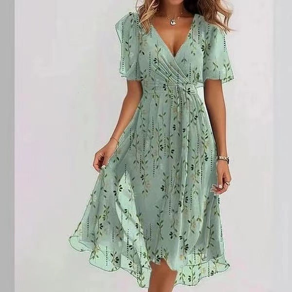 Chiffon Printed Short Sleeve Dress Elegant V-neck Dresses Light green bamboo