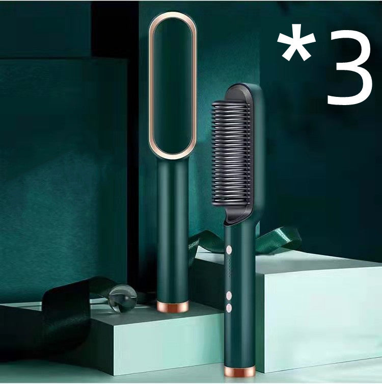 New 2 In 1 Hair Straightener Hot Comb Negative Ion Curling Electric Hair Brush 3pcs Green US Opp pack