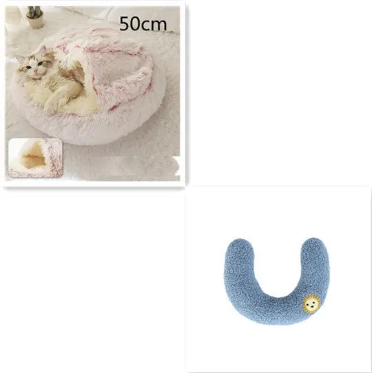 2 In 1 Dog And Cat Bed Pet Winter Bed Round Plush Warm Bed Hair Pink 50cm SetD