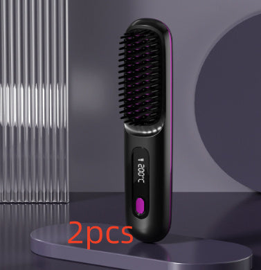 Straight Hair Comb Wireless Hair Straightener Brush Hair Fast Heating Portable Hot Curler USB Charging LCD Black English 2pcs