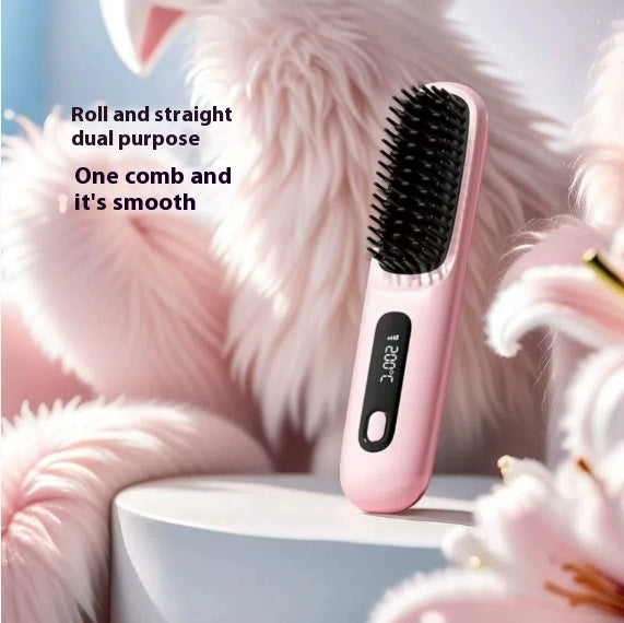 Straight Hair Comb Wireless Hair Straightener Brush Hair Fast Heating Portable Hot Curler USB Charging Peach powder