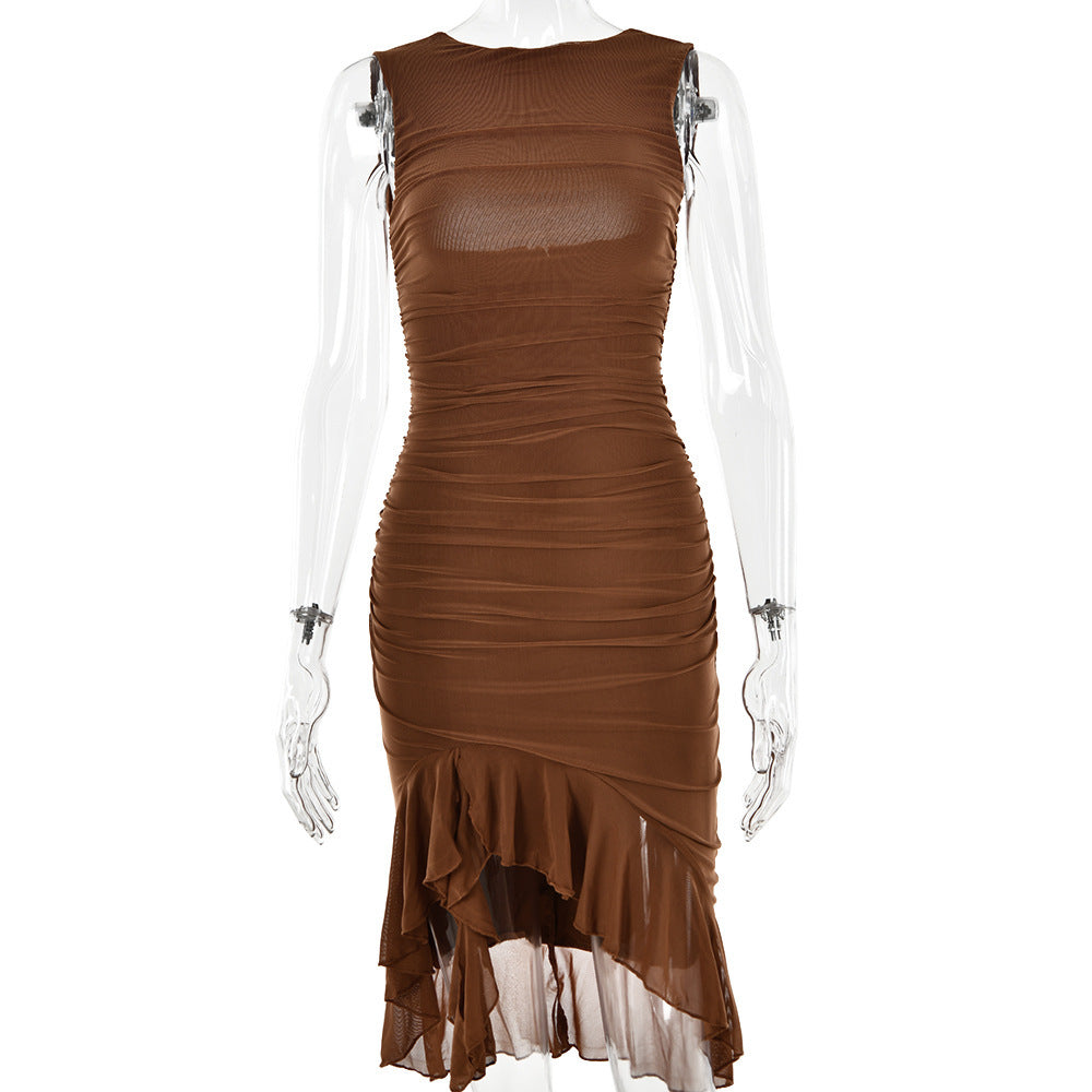 Summer Slim Skinny Sleeveless Dress For Women Brown