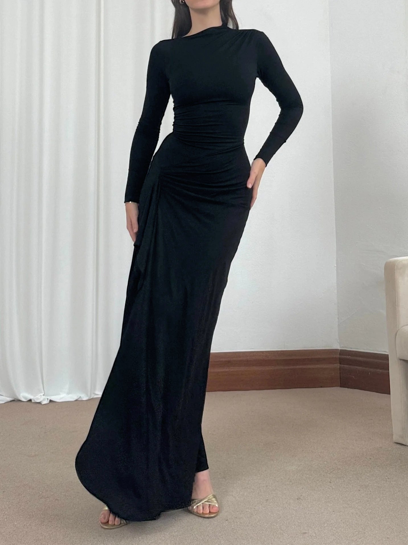 Slim-fitting Long-sleeved Long Dresses For Women